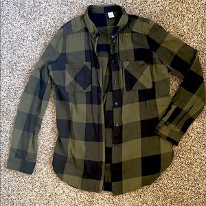 Green and black button down plaid shirt